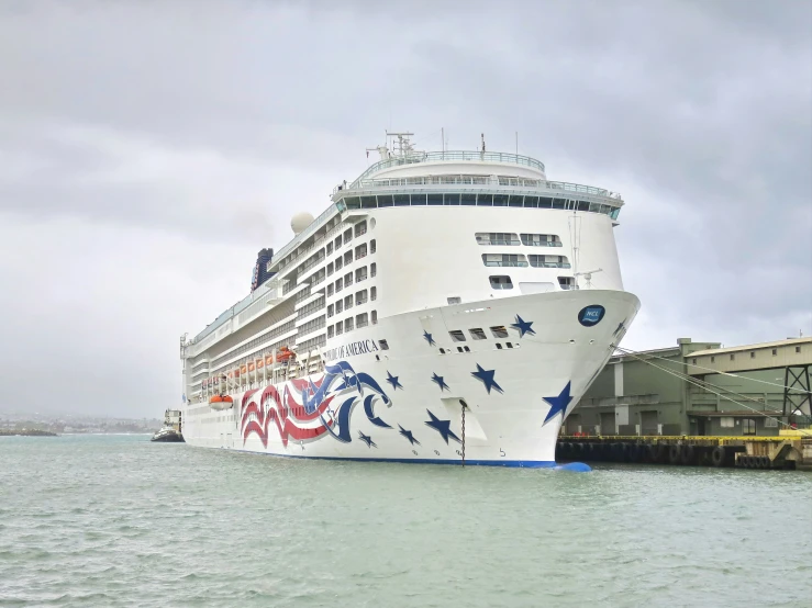 large cruise ship docked near pier and cloudy sky