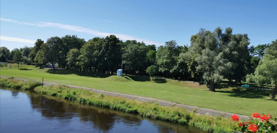 a grassy field by the water with trees in the background