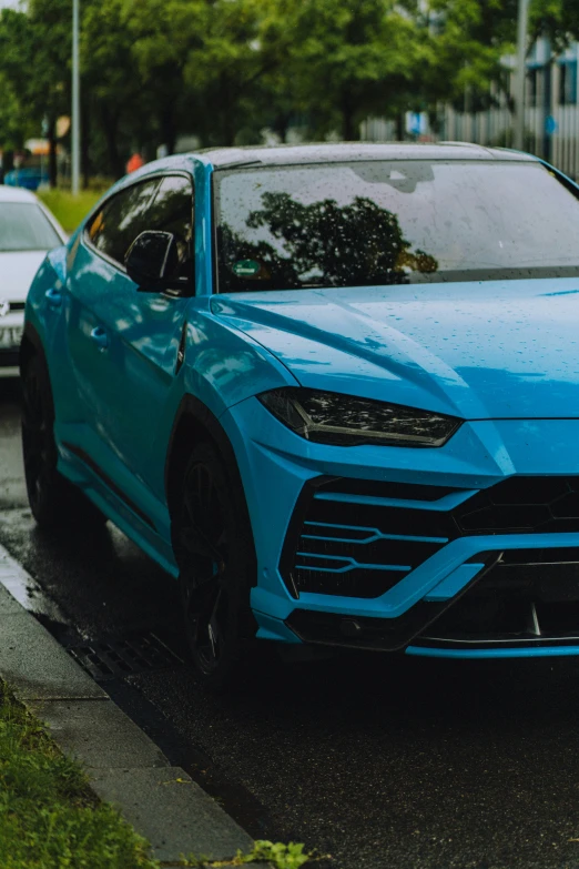 blue lambphaant suv driving on a wet street