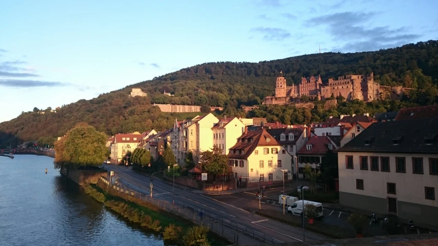 a river runs next to a small town with a mountain in the background