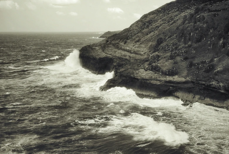 a black and white po with an ocean wave coming to the shore