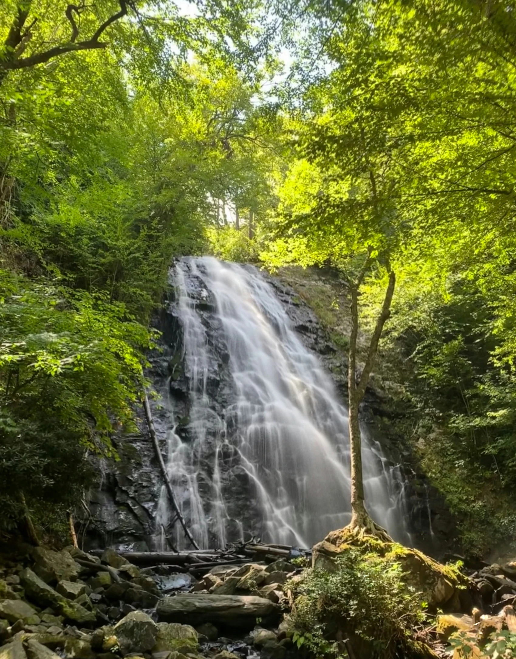 a view of a waterfall from near some rocks