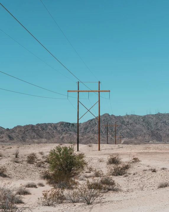 telephone poles and wires stand in the desert