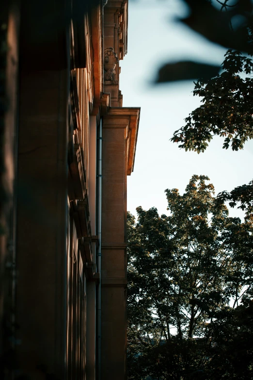 a clock in front of a building near trees