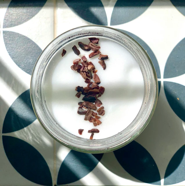 an overhead view of food in a glass bowl