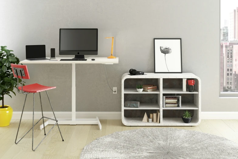 a modern styled home office and computer room with grey walls