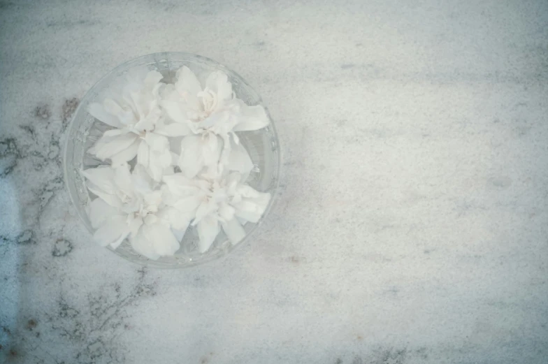 a bowl filled with flowers sits on a marble surface