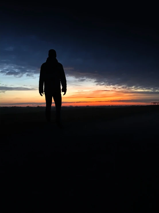 man standing with back to camera, staring into distance at dusk