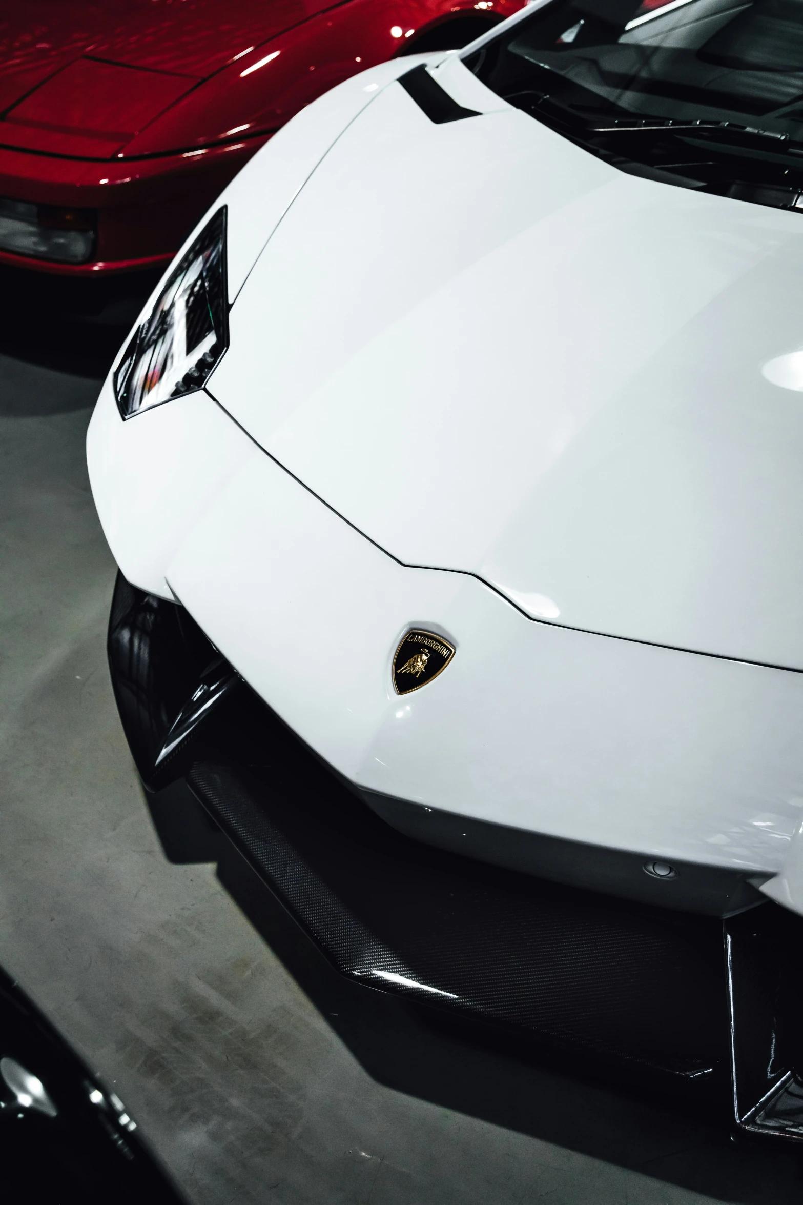the front view of a white sports car