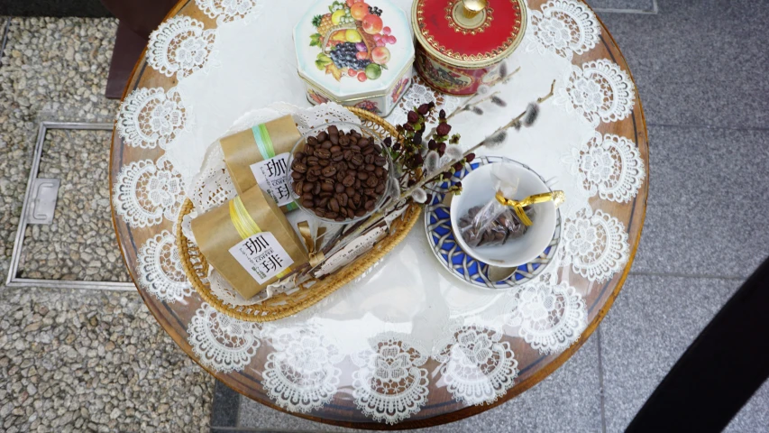 plates and cake sitting on a wooden table