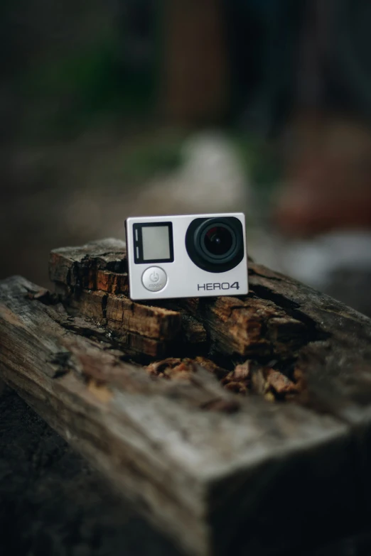 a camera sitting on a piece of wood