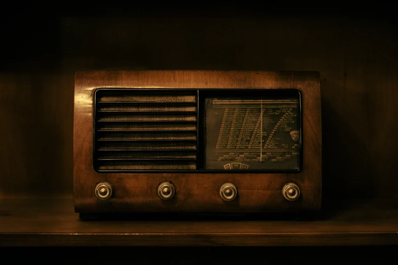 an old radio sits on a shelf in the dark