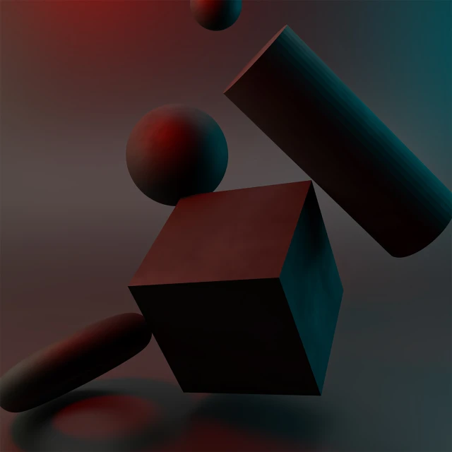 an abstract rendering with a red sphere and two dark cubes