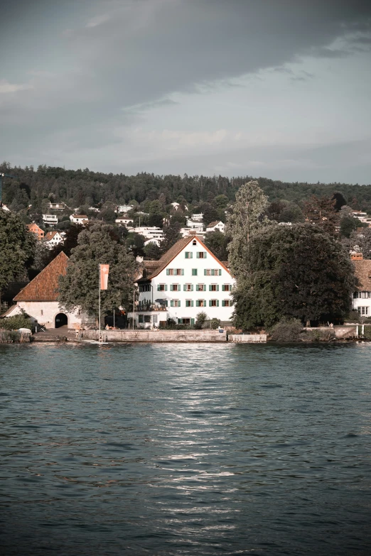 a body of water with buildings and trees in the background