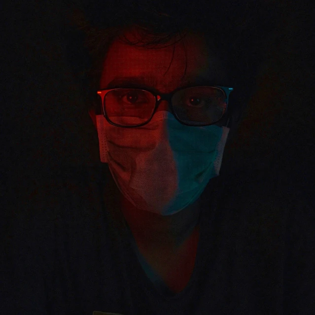 a person wearing red and blue glasses has a black face