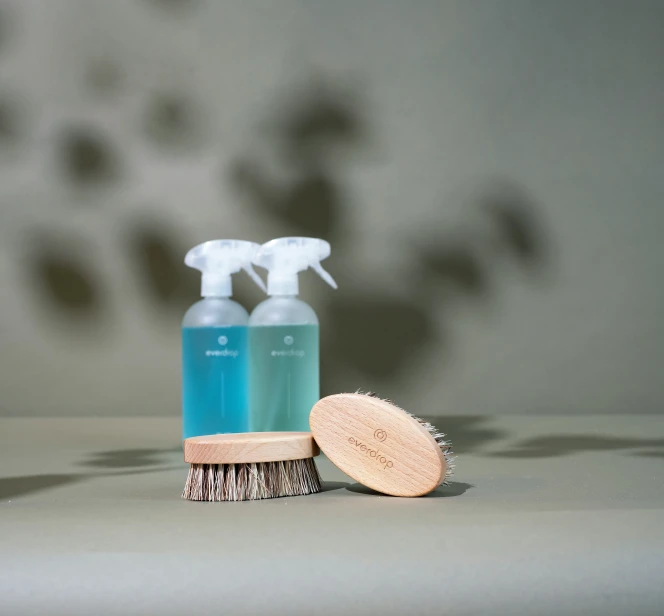 two bottles of disinfective hand soap and a brush on the counter