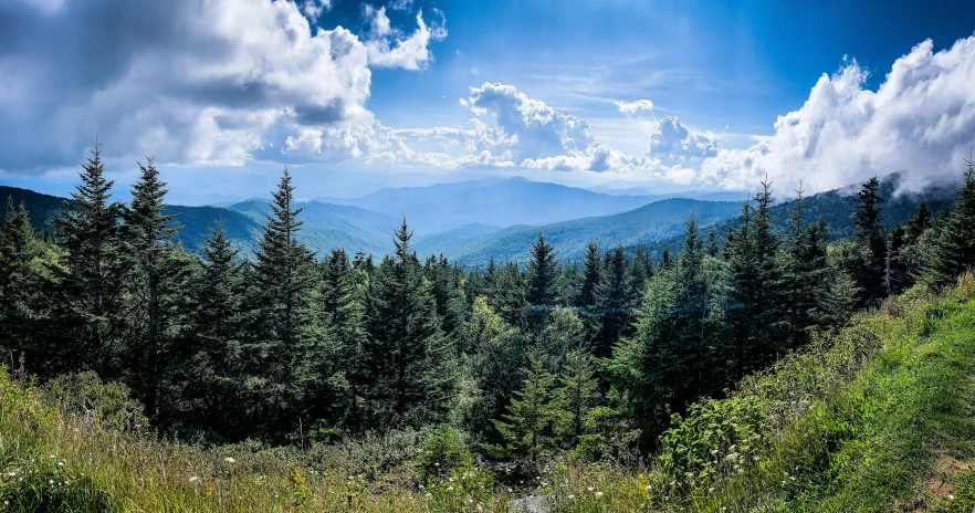 the mountains are shown with trees and grass on the hill