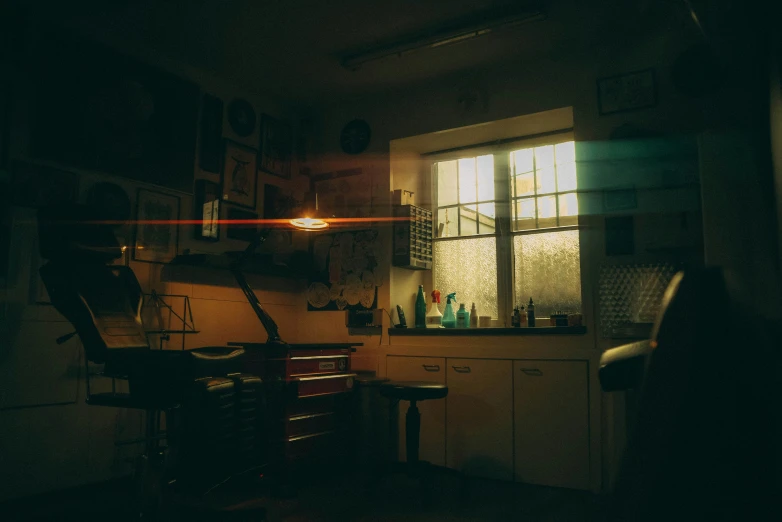 an image of a kitchen setting in the dark