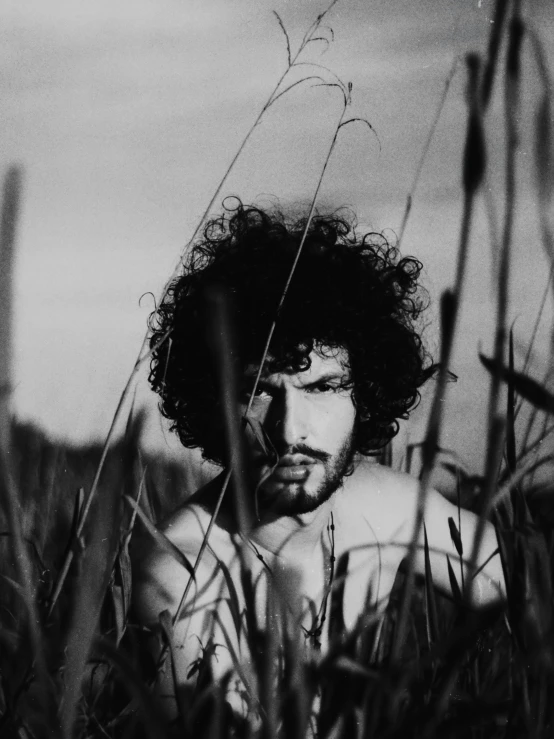 man with very large afro in grassy field