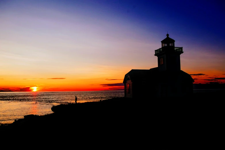 the sun sets on an island with a lighthouse