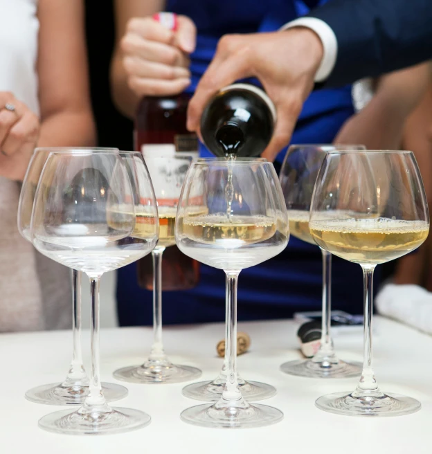 a table with six wine glasses filled with white wine