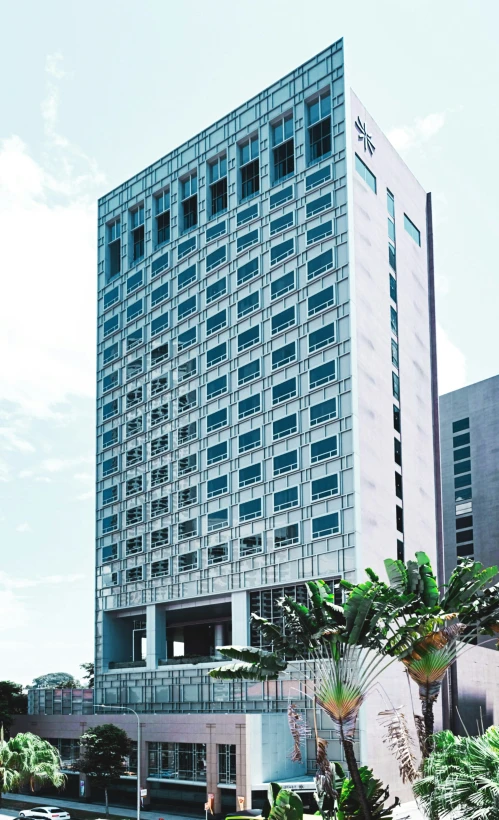 an office building next to a palm tree with lots of windows