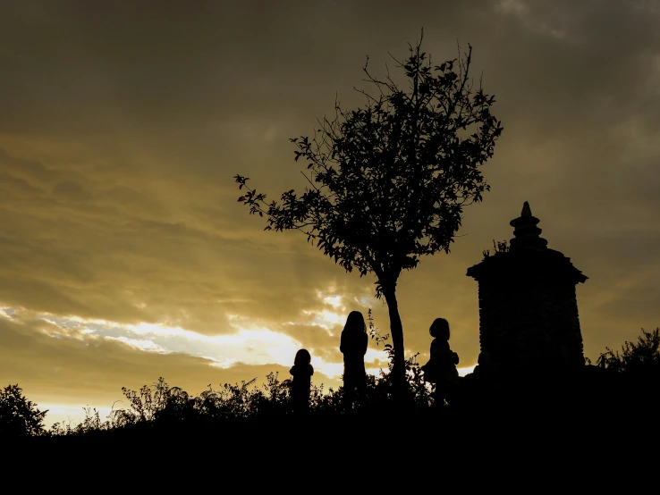 some people and a tree during a sunset