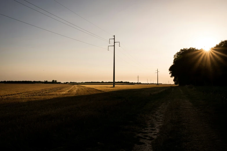 sun shining down on the horizon and a dirt road