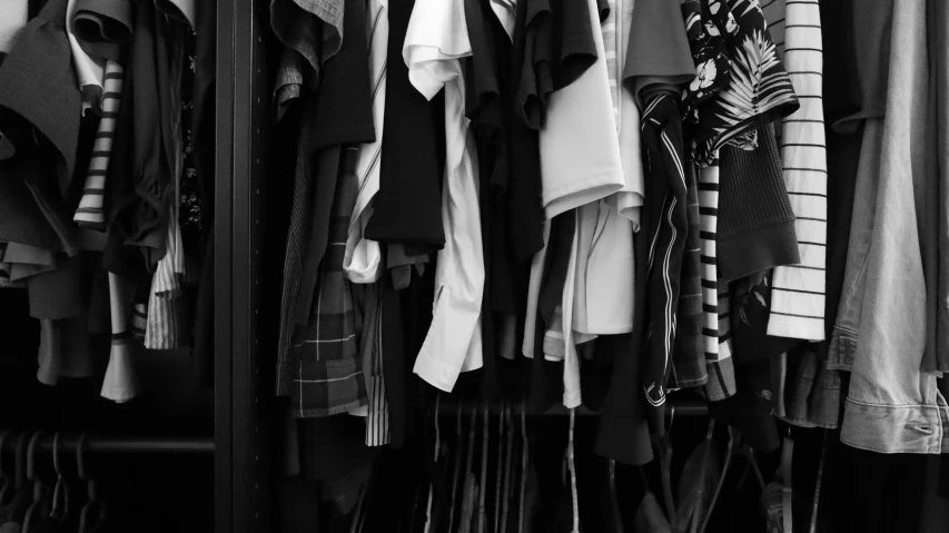 an organized closet with different types of shirts hanging on the walls