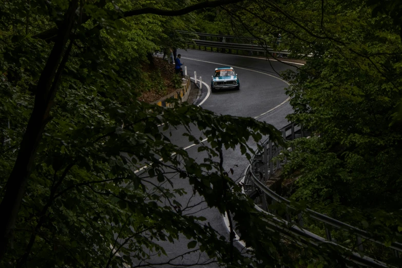 a car on a road surrounded by trees