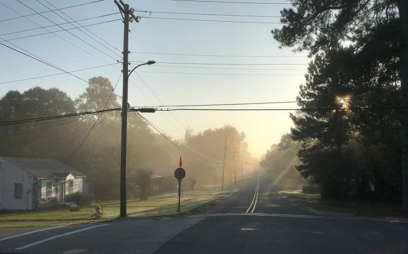 a misty day with the sun coming down