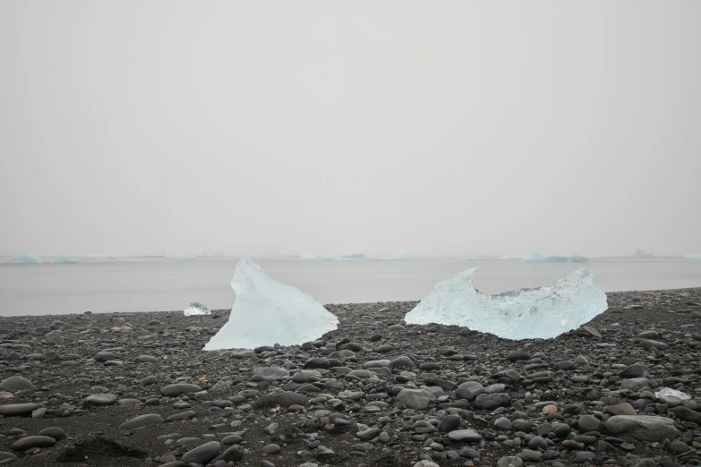 there are icebergs on the rocky shore of the sea