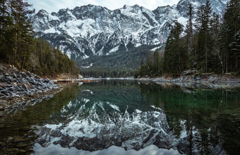 a mountain lake surrounded by trees and a clear sky