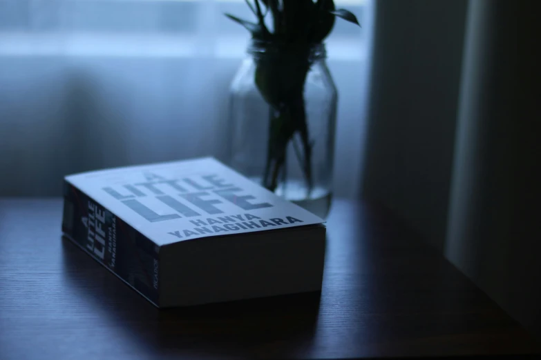 a bouquet of roses sits in a jar beside a book