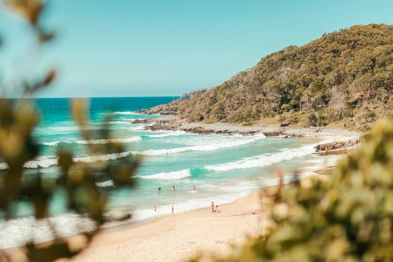 people swimming on a beach near an island