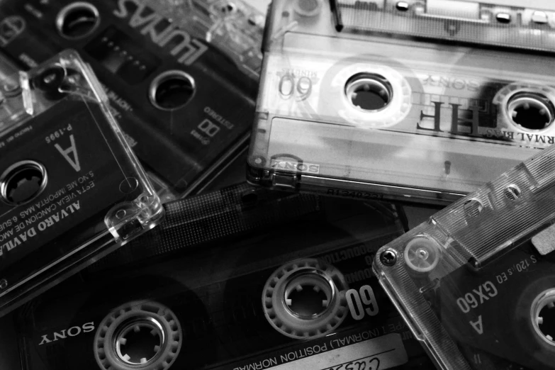 black and white pograph of various types of cassettes