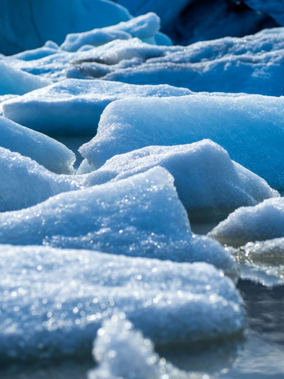 blue ice chunks sitting on top of a body of water