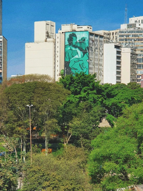 a big building with a very tall drawing on it