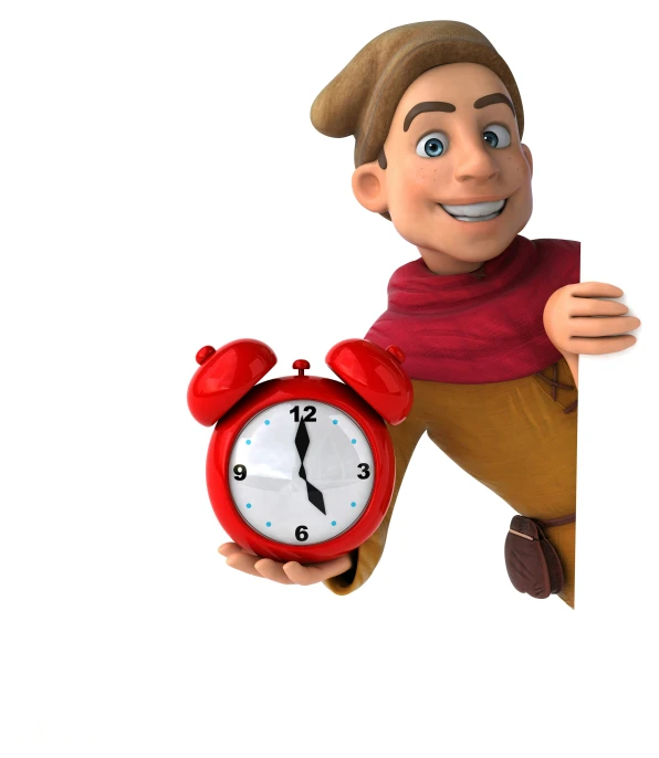 a man holding a clock on a white background