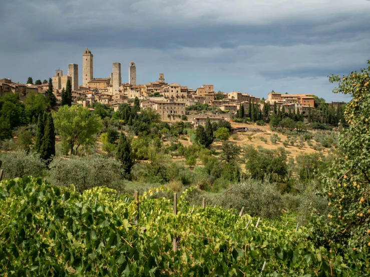 a scenic view of a village on the hillside