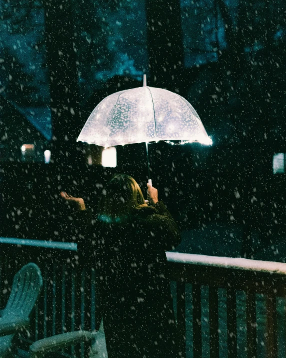 people standing outside in the rain with an umbrella