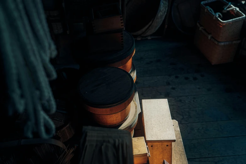 a stack of wooden boxes are seen from above