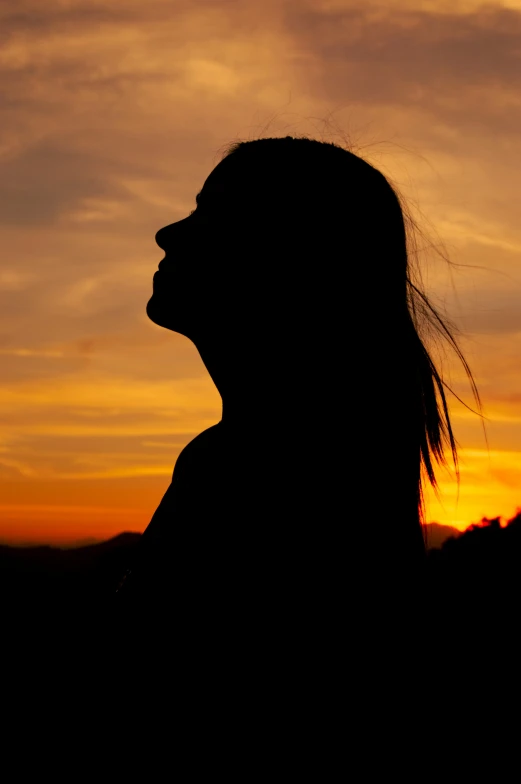 a silhouette of a woman looking up at the sky