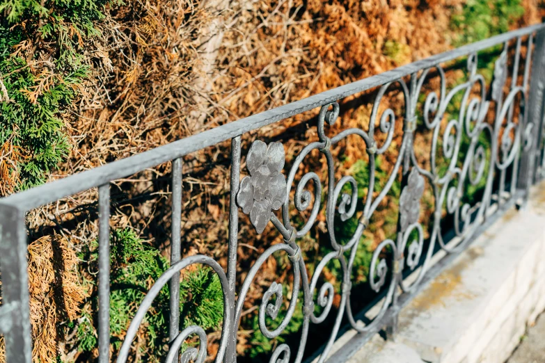 some black iron bars on the edge of a building