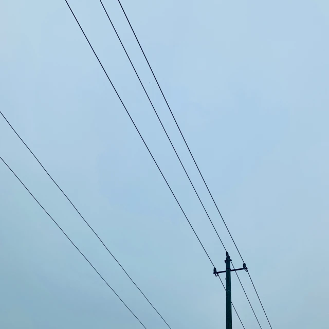 a telephone pole and wires against a blue sky