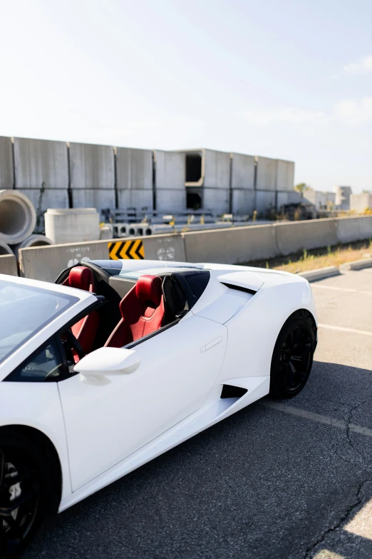 a white lamb in parking lot with the door open