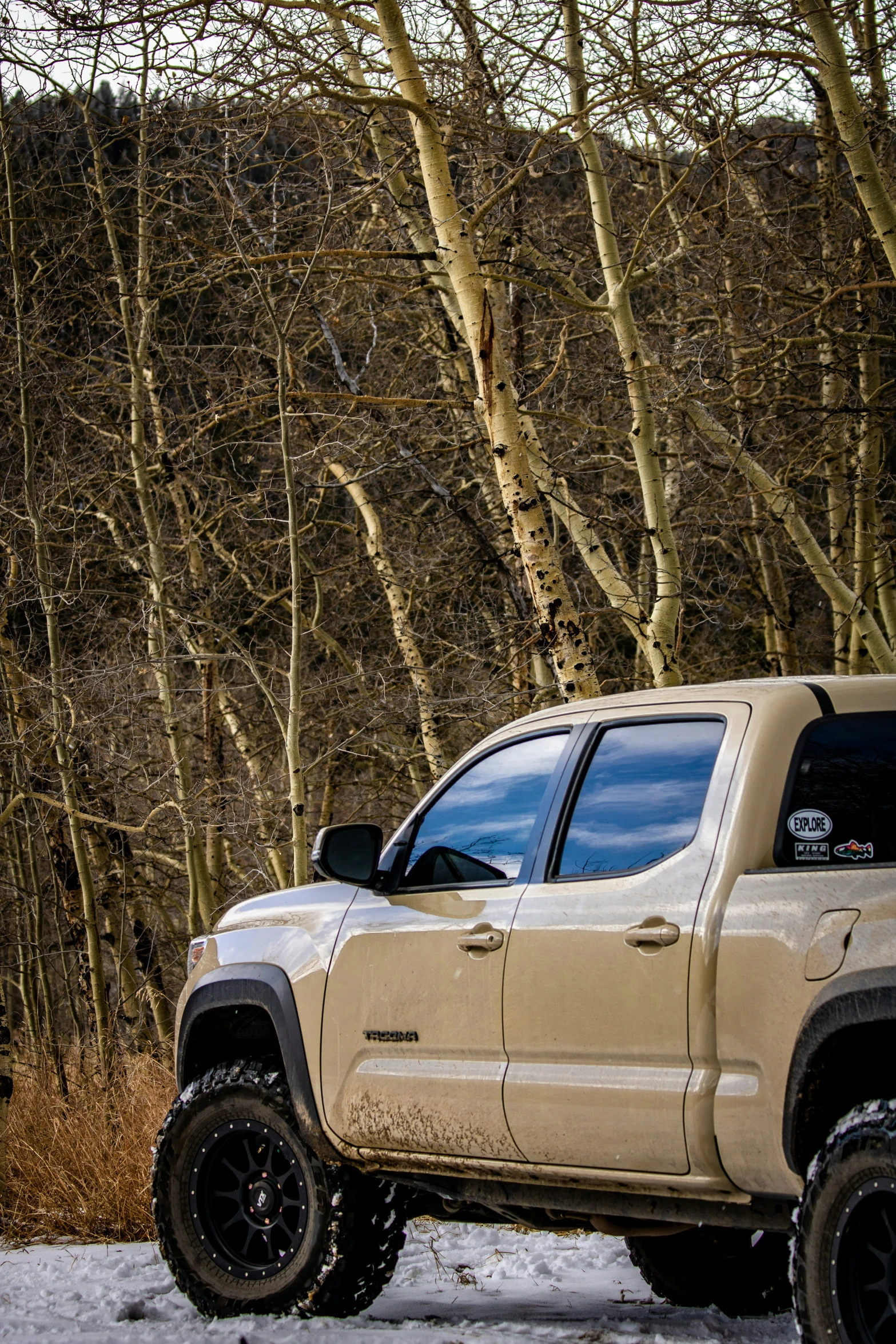 a truck parked next to a forest in the snow