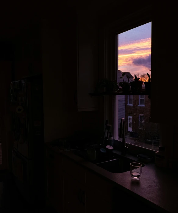 view out a window at dusk in the kitchen