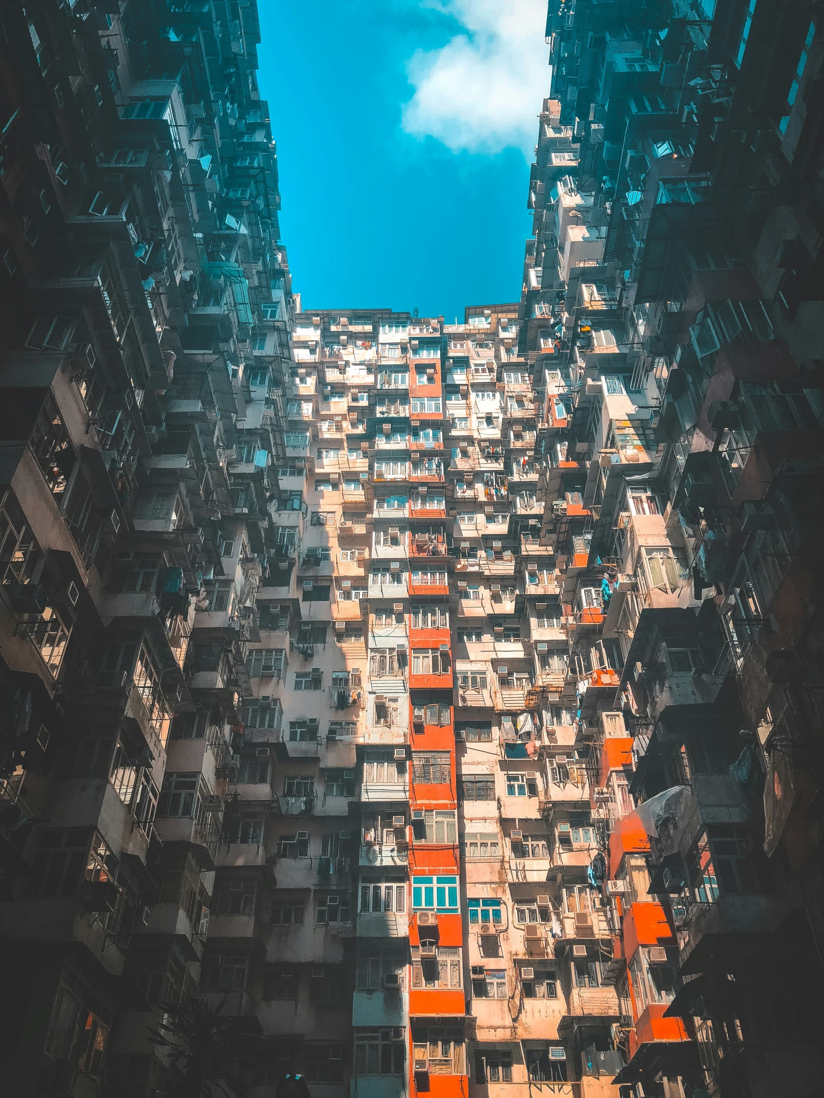 tall buildings with orange windows in a city