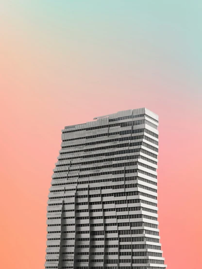 this is a tall building against a pink and blue sky